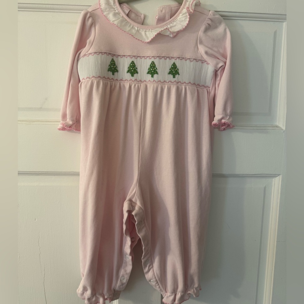 Petit Bebe Pink Baby Romper with Smocked Christmas Tree